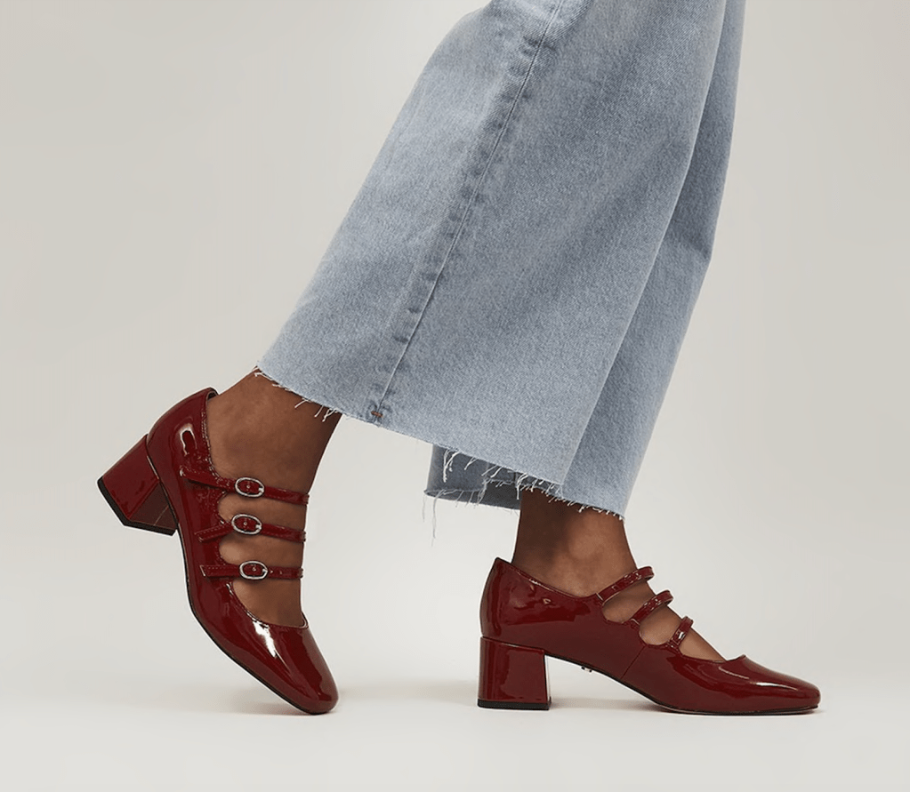 three-strap red Mary Jane shoes.